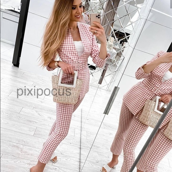 NWT Zara 2 Piece Gingham Belted Blazer + Pants SET - Picture 6 of 12